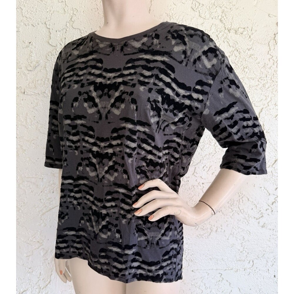 THEYSKENS THEORY Top Black Velvet Gray Print Tee Shirt 100% Cotton Size S
